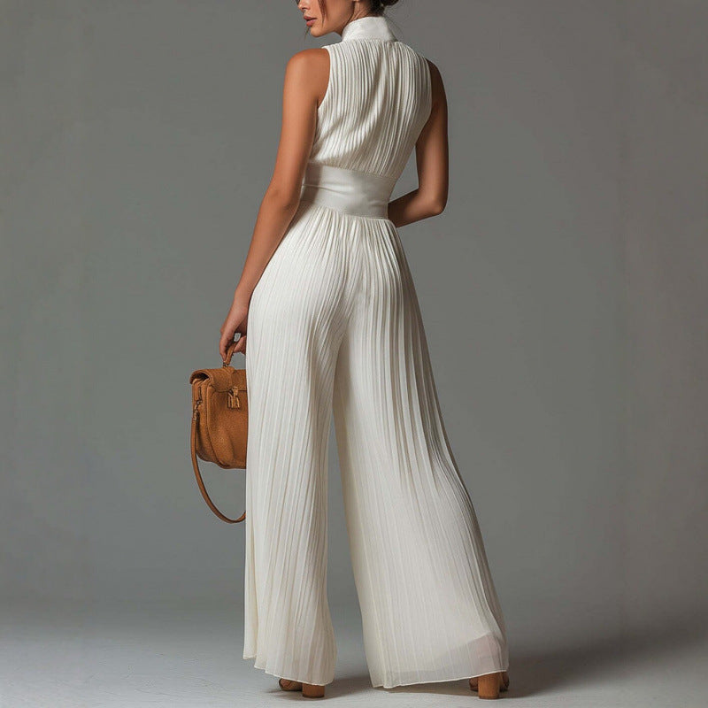 Pleated Sleeveless Mock Neck Zipper Wide Leg Jumpsuit