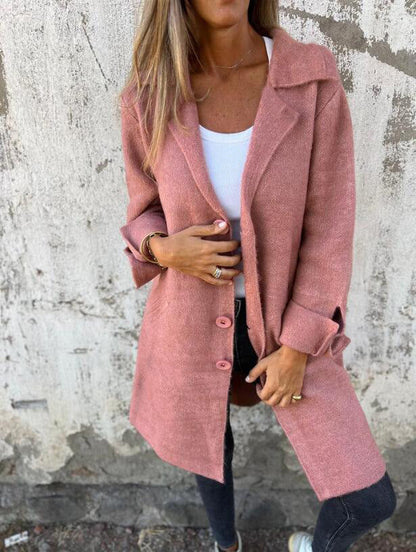 Women's Notched Collar Long Sleeve Longline Cardigan with Pockets