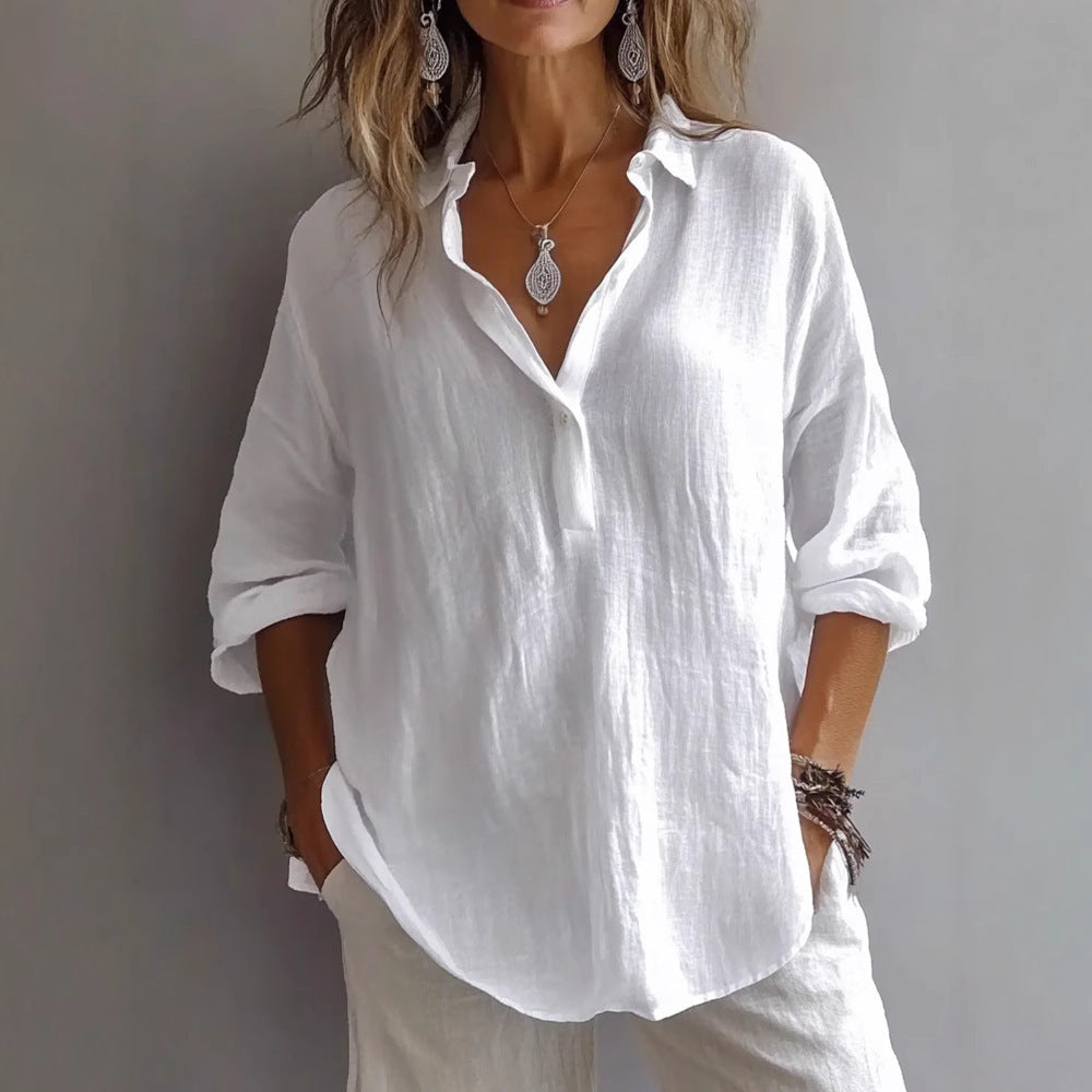 Collared Loose Curved Textured Buttoned Rolled Shirt