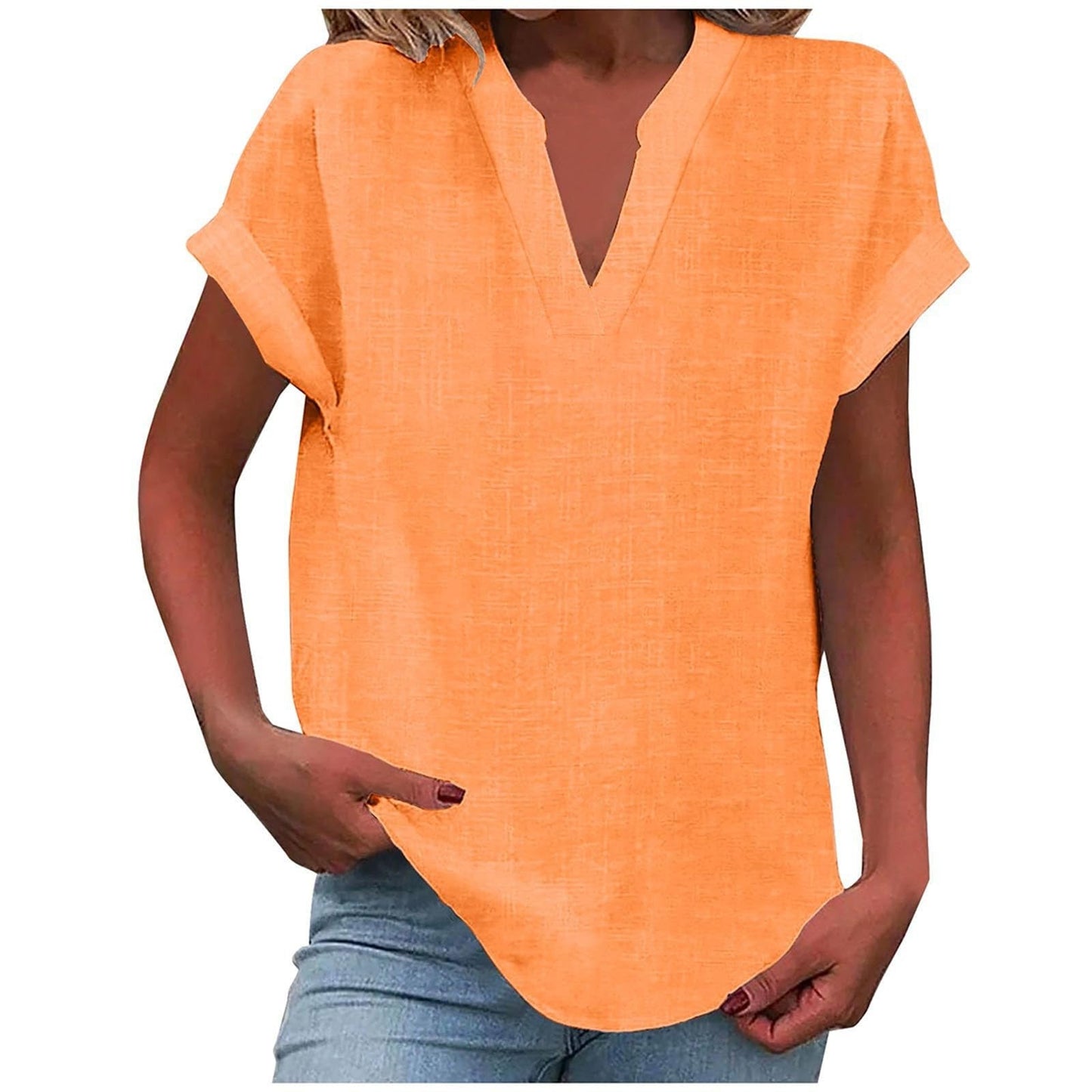 Curved Hem Textured Cap Sleeve V Neck Shirt