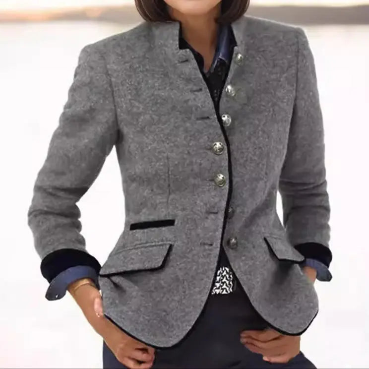 Collared Buttoned Flapped Trimmed Fitted Blazer