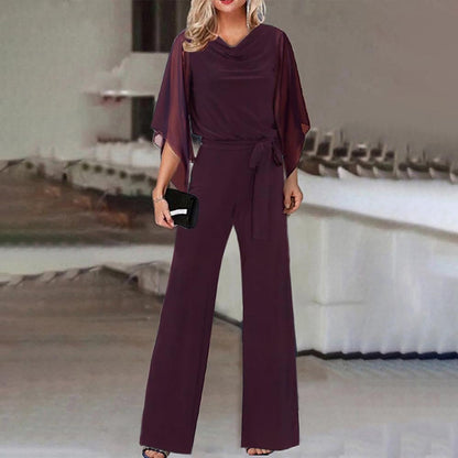 Draped Belted Open Wide Long Fitted Jumpsuit