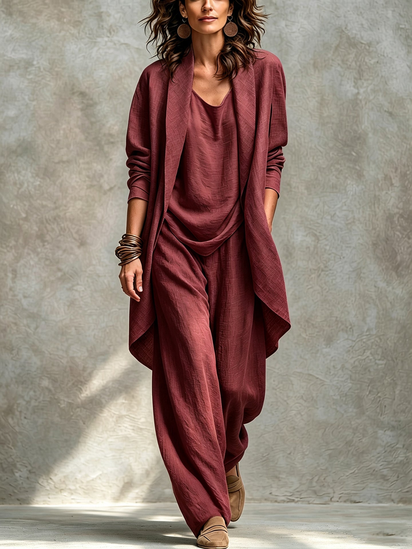 Women's Draped Open Front Duster Jacket, Cami Top & Wide Leg Pants Set