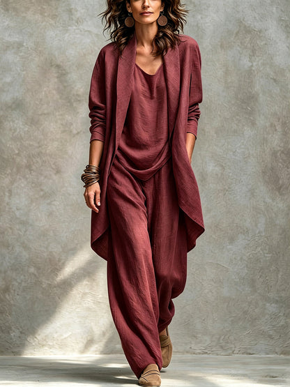 Women's Draped Open Front Duster Jacket, Cami Top & Wide Leg Pants Set