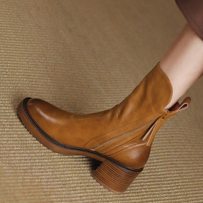 Round Toe Side Zipper Block Heel Ankle Boots