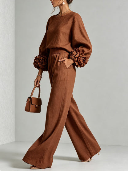 Women's Crew Neck Floral Cuff Wide Leg Two-Piece Pants Set