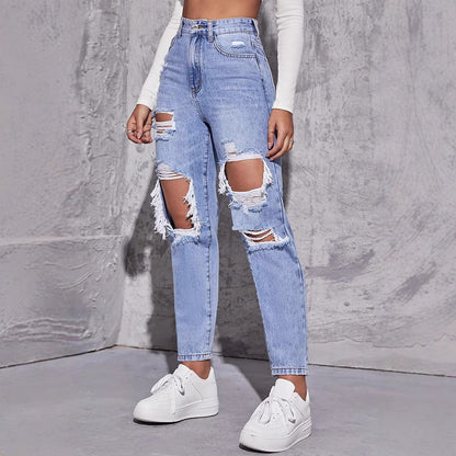 Ripped High Waisted Straight Leg Trousers