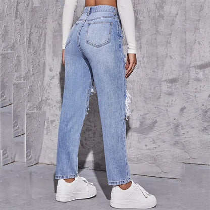 Ripped High Waisted Straight Leg Trousers