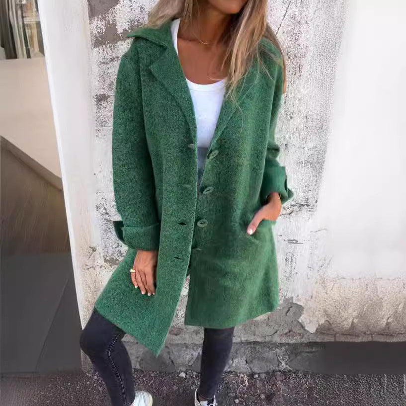 Women's Notched Collar Long Sleeve Longline Cardigan with Pockets