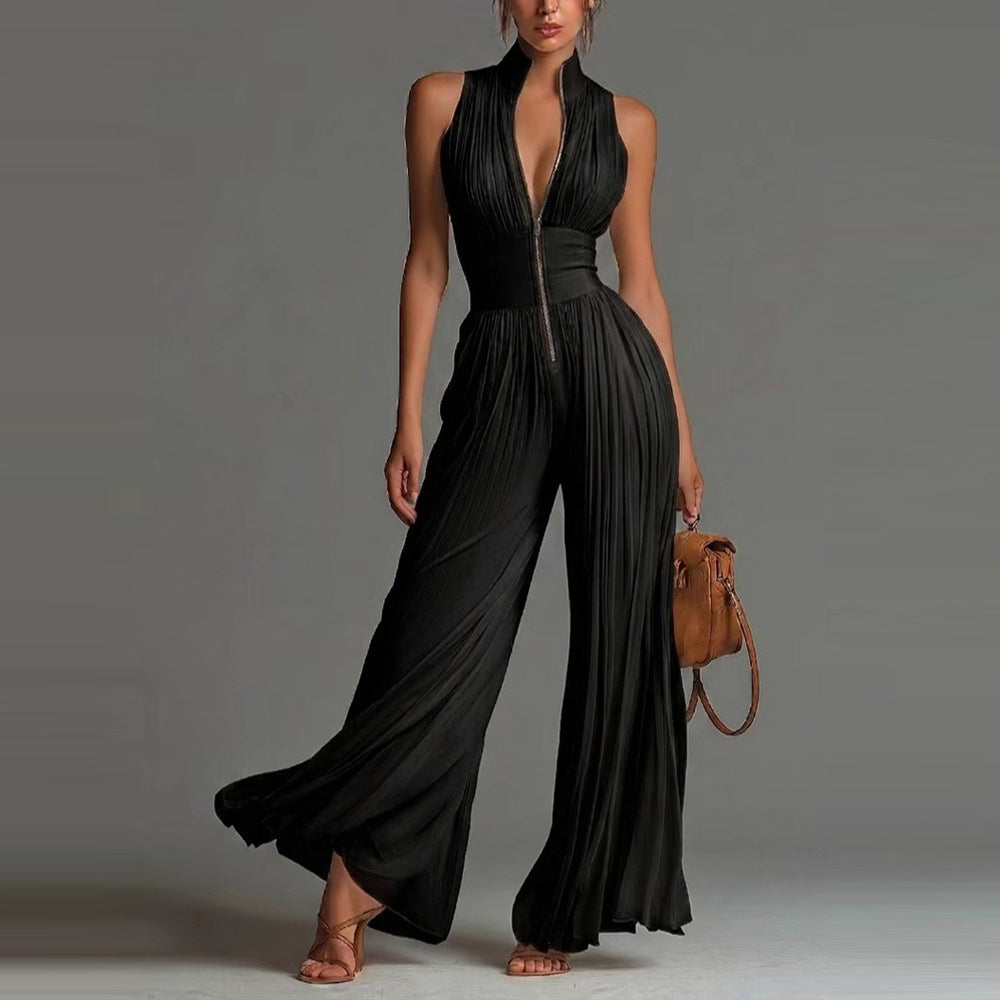 Pleated Sleeveless Mock Neck Zipper Wide Leg Jumpsuit