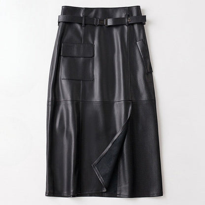 High Waist Paneled Perforated Asymmetric Midi Skirt