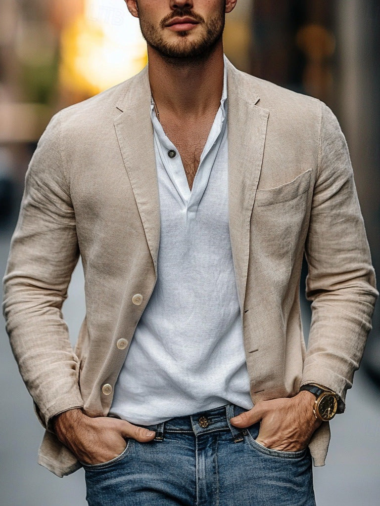Collared Notched Buttoned Pocketed Structured Long Blazer