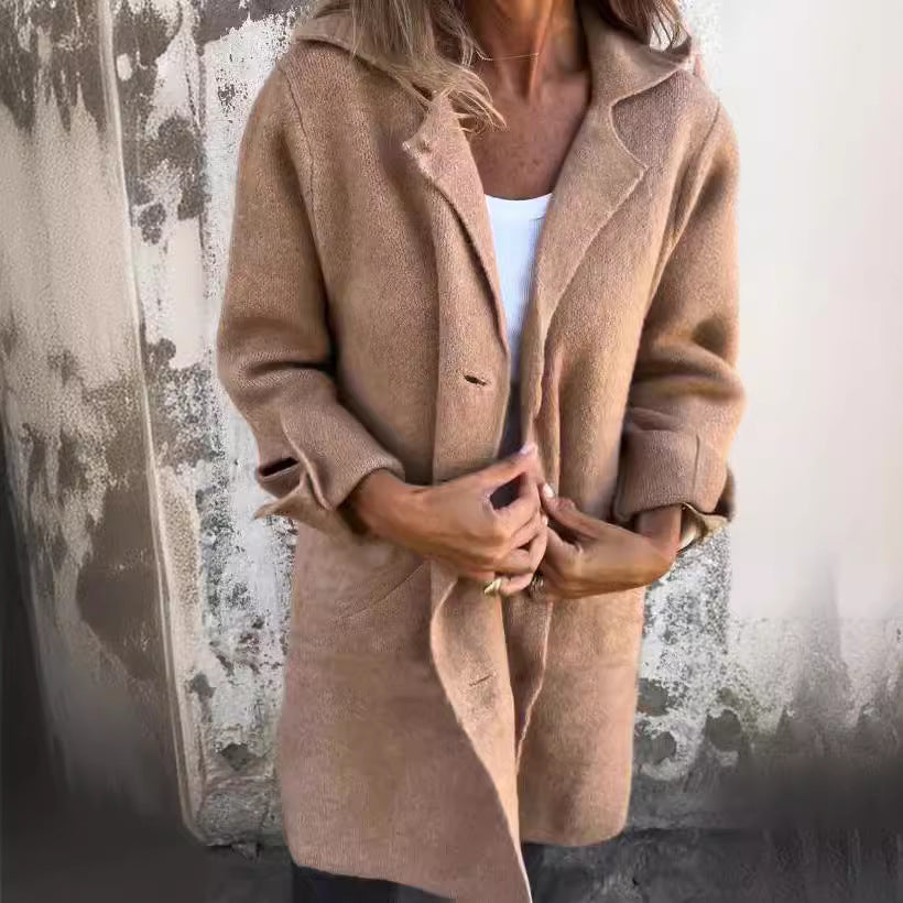 Women's Notched Collar Long Sleeve Longline Cardigan with Pockets