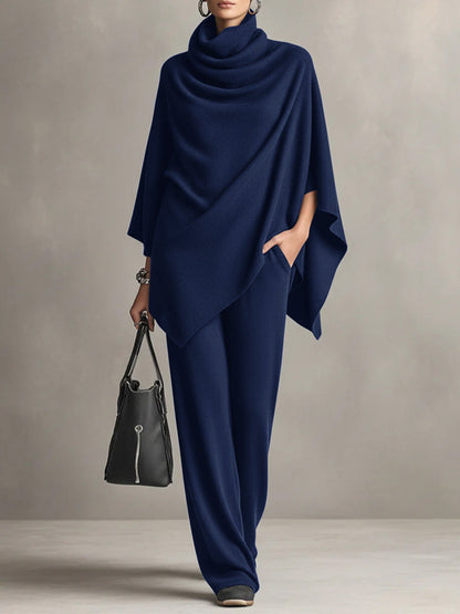 Women's Turtleneck Asymmetric Poncho Top and Wide Leg Pants Set