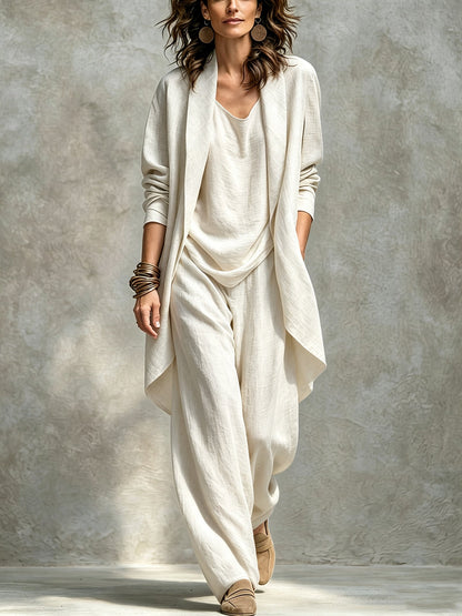 Women's Draped Open Front Duster Jacket, Cami Top & Wide Leg Pants Set