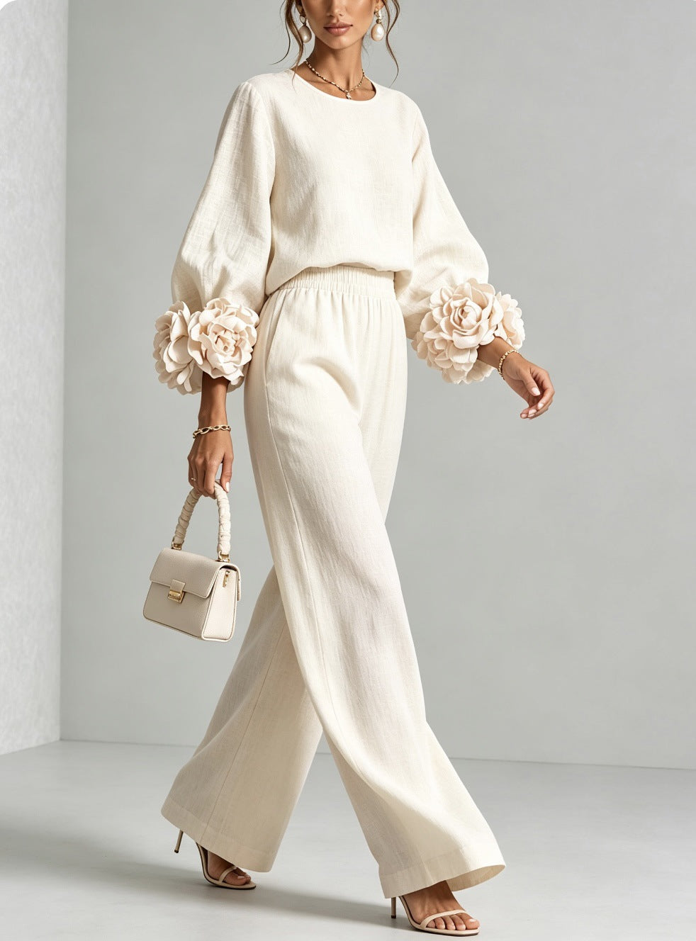 Women's Crew Neck Floral Cuff Wide Leg Two-Piece Pants Set