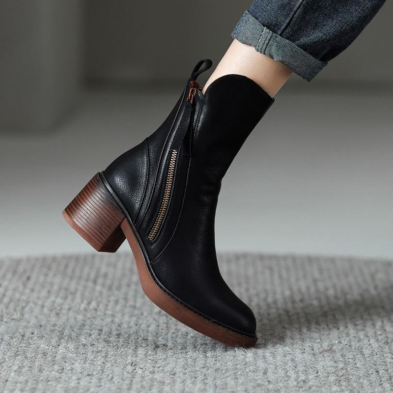 Round Toe Side Zipper Block Heel Ankle Boots