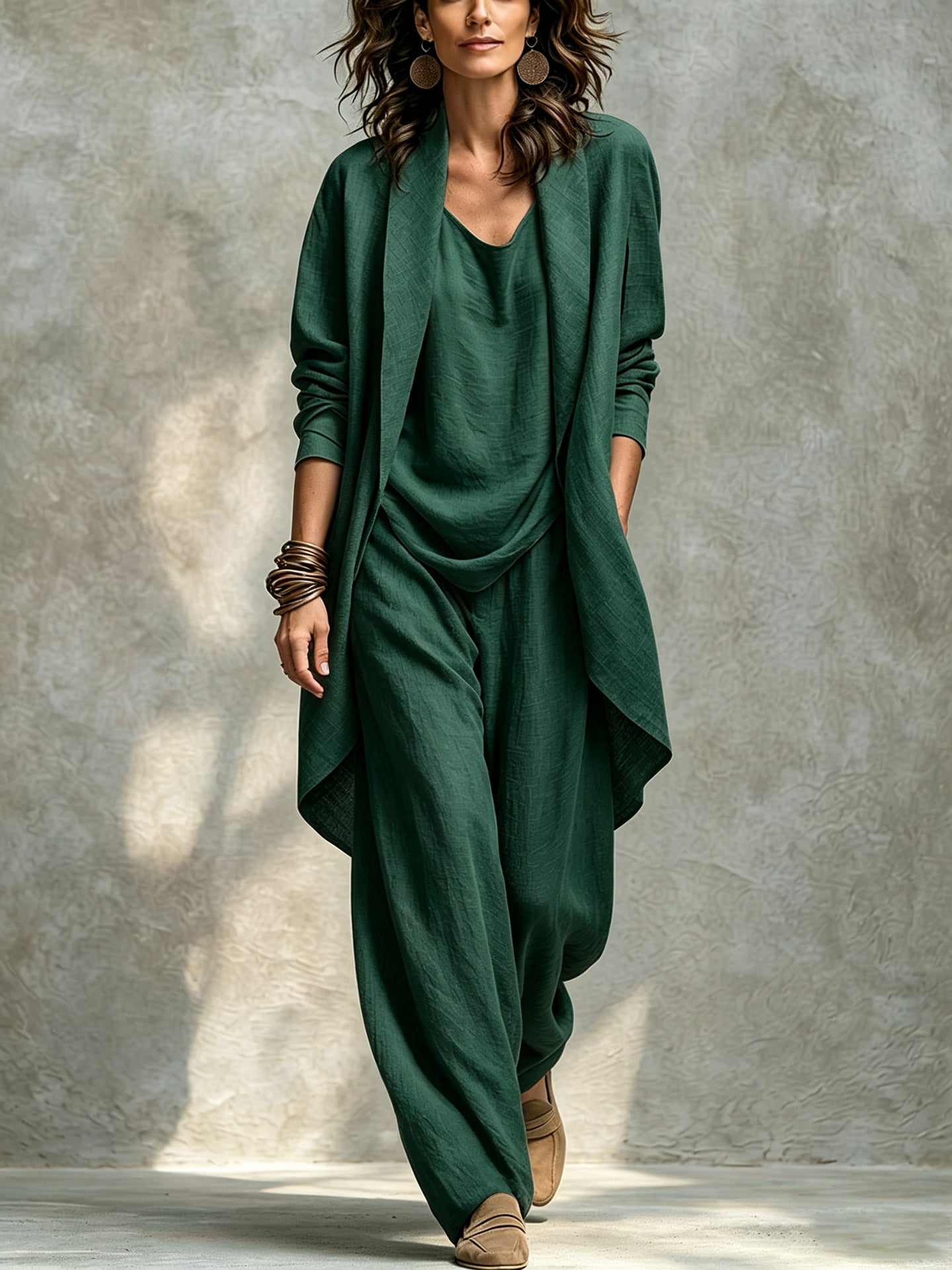 Women's Draped Open Front Duster Jacket, Cami Top & Wide Leg Pants Set