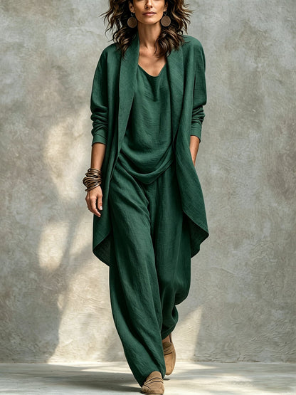 Women's Draped Open Front Duster Jacket, Cami Top & Wide Leg Pants Set