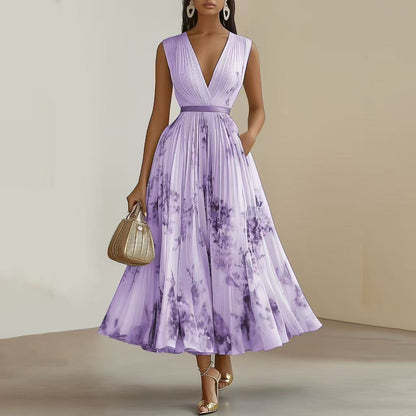 Deep V Neck Pleated Printed Dress