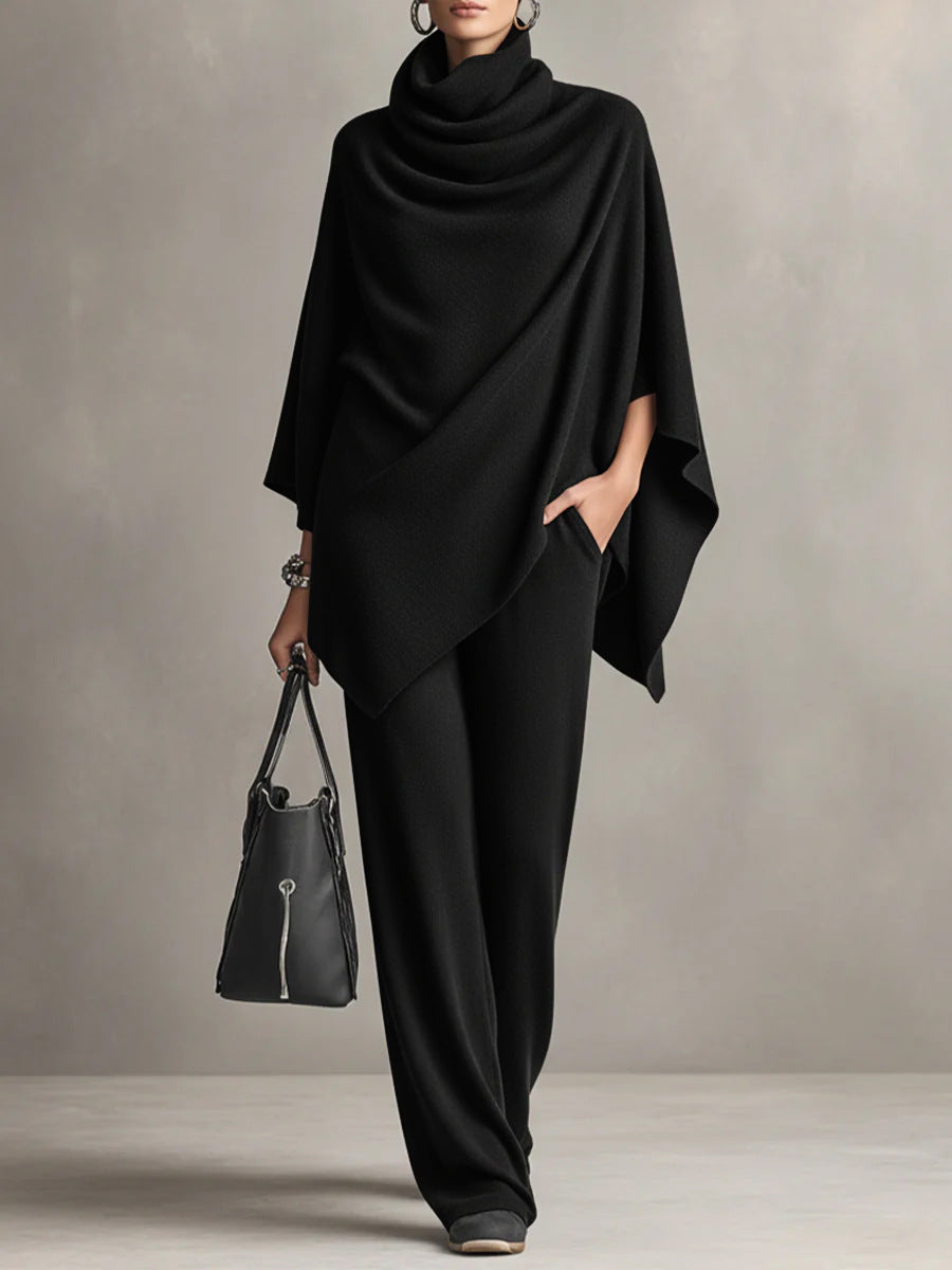 Women's Turtleneck Asymmetric Poncho Top and Wide Leg Pants Set