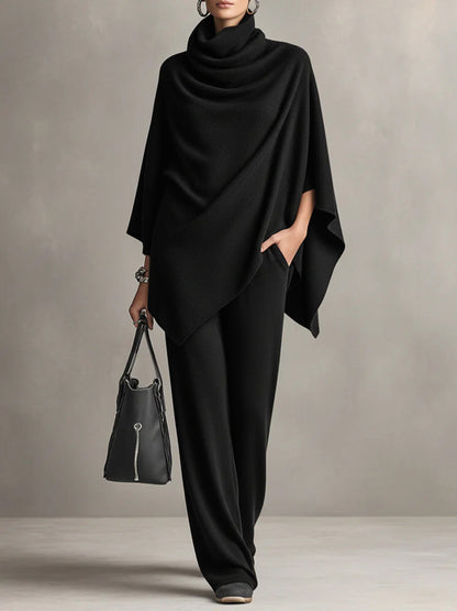 Women's Turtleneck Asymmetric Poncho Top and Wide Leg Pants Set