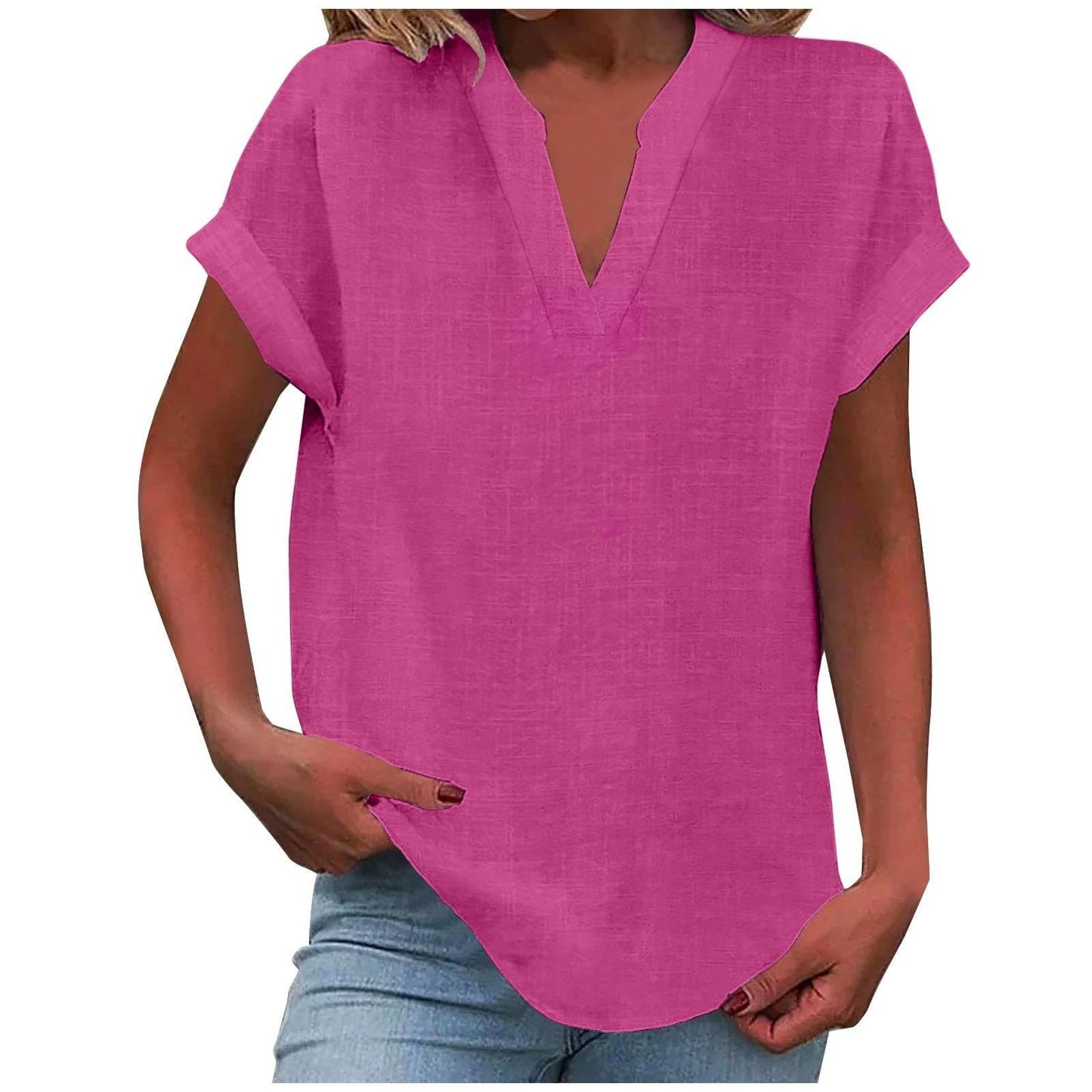 Curved Hem Textured Cap Sleeve V Neck Shirt