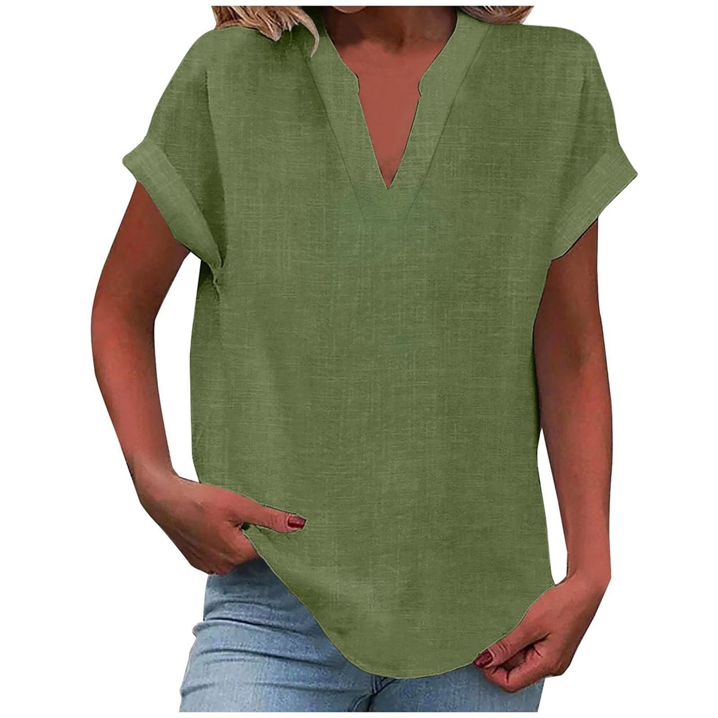 Curved Hem Textured Cap Sleeve V Neck Shirt