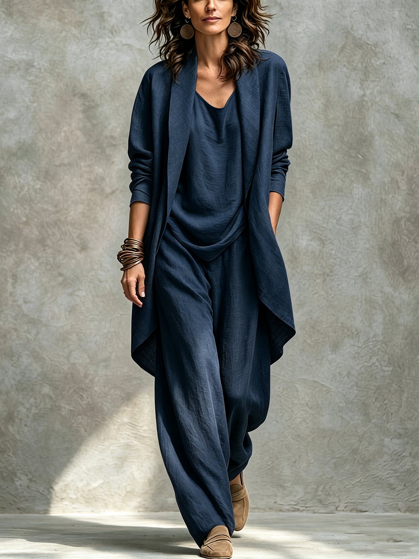 Women's Draped Open Front Duster Jacket, Cami Top & Wide Leg Pants Set