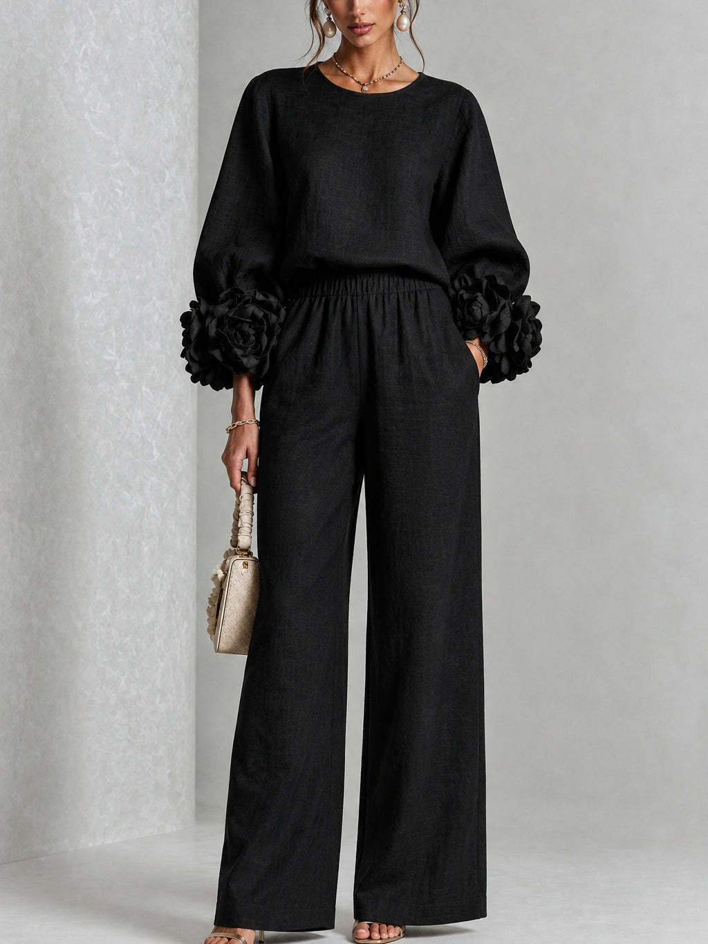 Women's Crew Neck Floral Cuff Wide Leg Two-Piece Pants Set