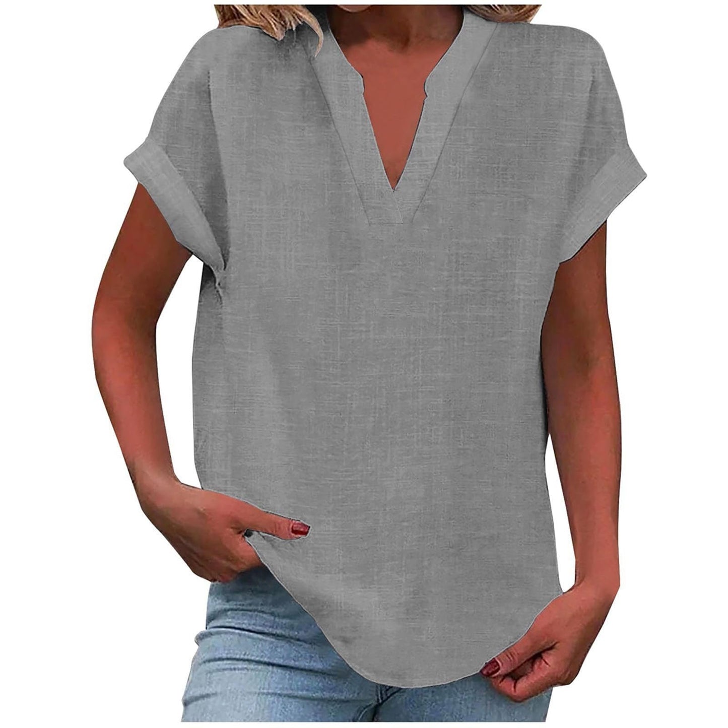 Curved Hem Textured Cap Sleeve V Neck Shirt