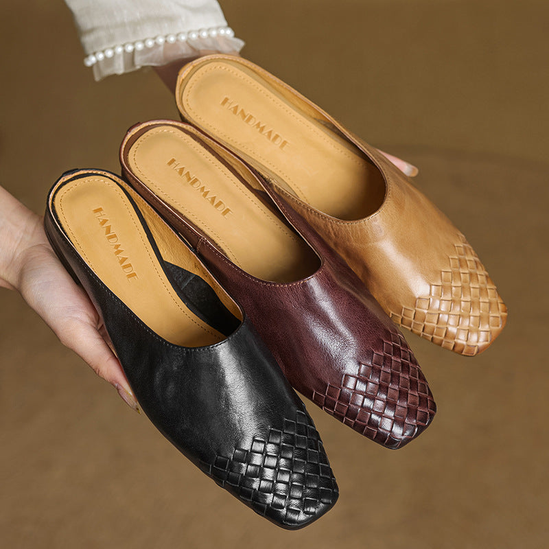 Square Toe Slip On Low Heel Mule Sandals