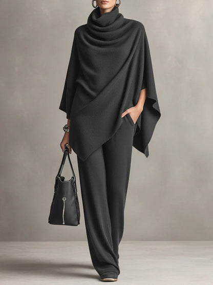 Women's Turtleneck Asymmetric Poncho Top and Wide Leg Pants Set