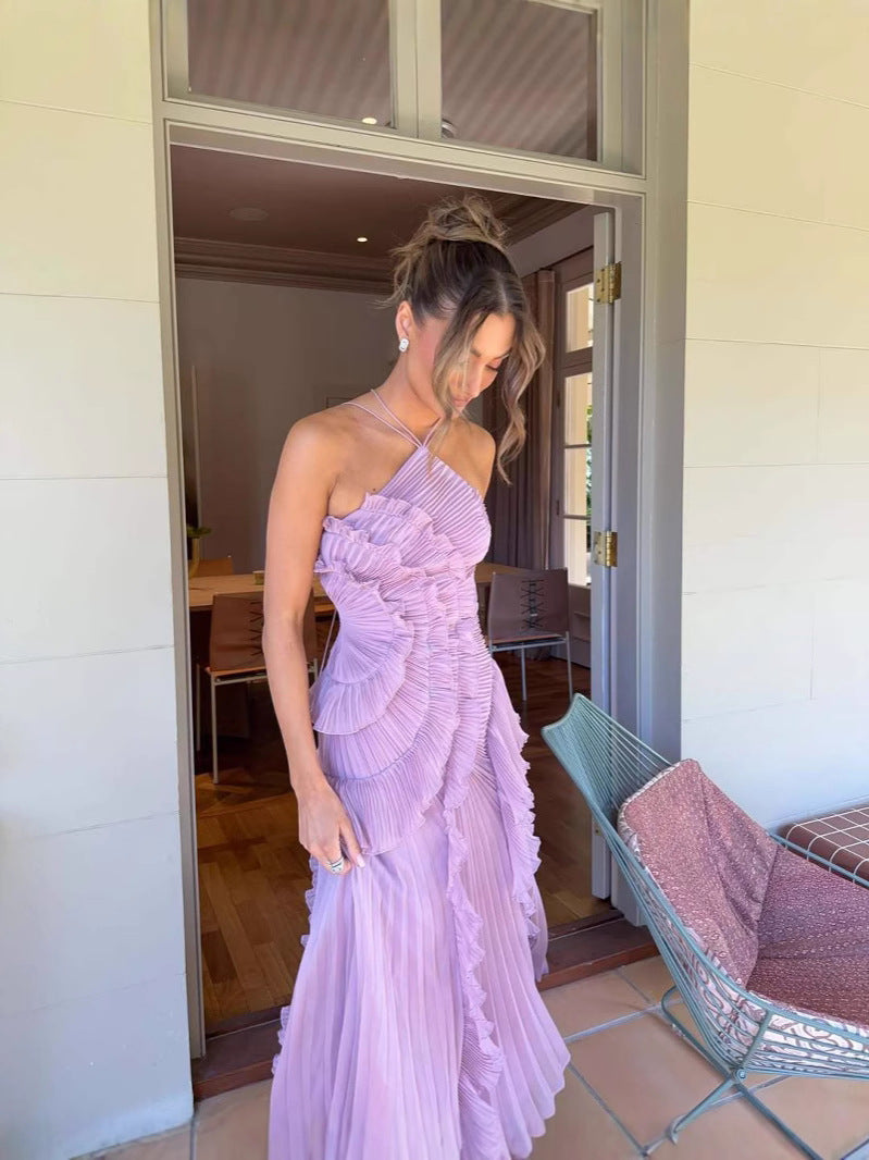 Sleeveless Ruffled Accordion Pleated Maxi Dress