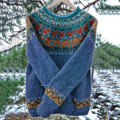 Patterned Yoked Ribbed Cuffed Round Long Sweater