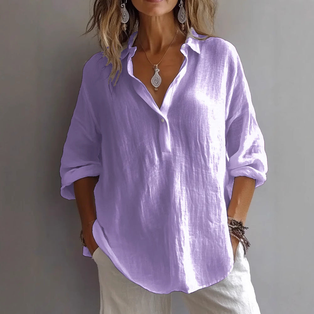 Collared Loose Curved Textured Buttoned Rolled Shirt
