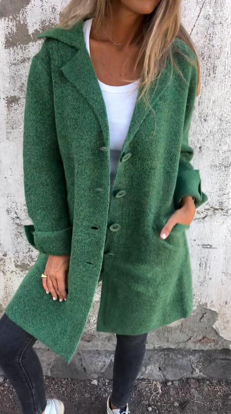Women's Notched Collar Long Sleeve Longline Cardigan with Pockets