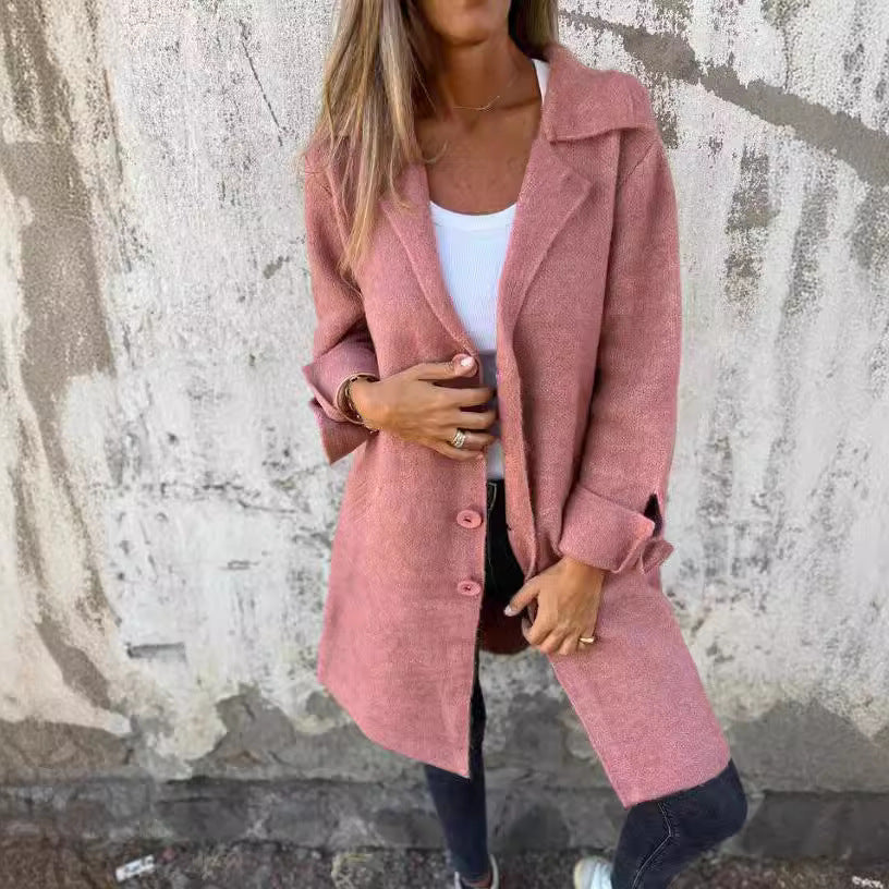 Women's Notched Collar Long Sleeve Longline Cardigan with Pockets