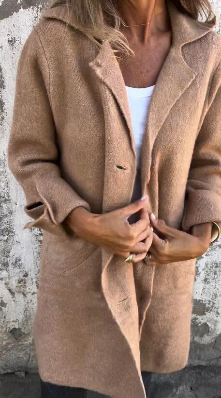 Women's Notched Collar Long Sleeve Longline Cardigan with Pockets