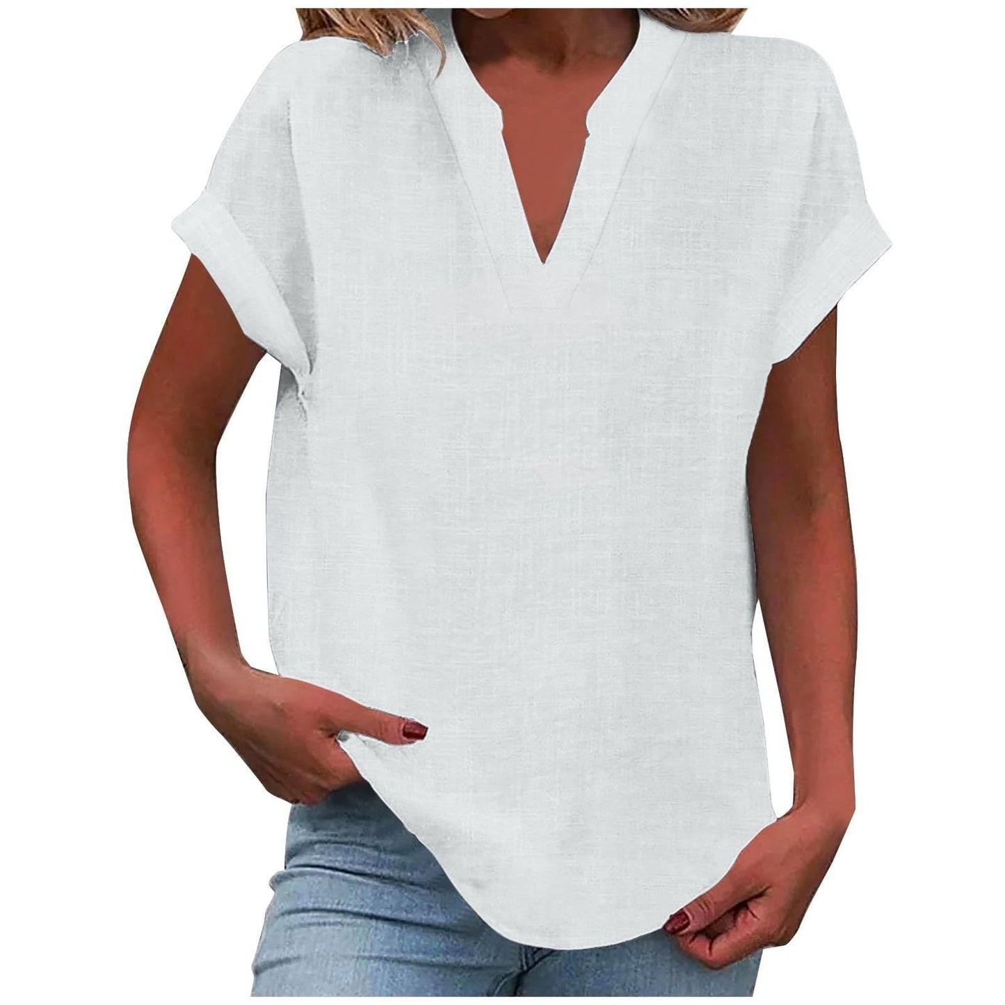Curved Hem Textured Cap Sleeve V Neck Shirt