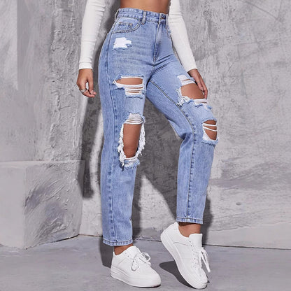 Ripped High Waisted Straight Leg Trousers