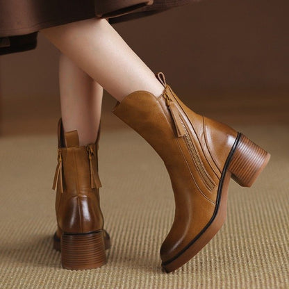 Round Toe Side Zipper Block Heel Ankle Boots