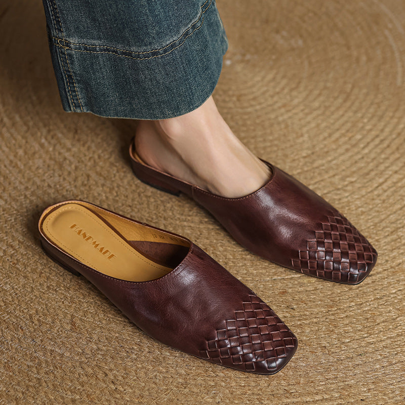 Square Toe Slip On Low Heel Mule Sandals
