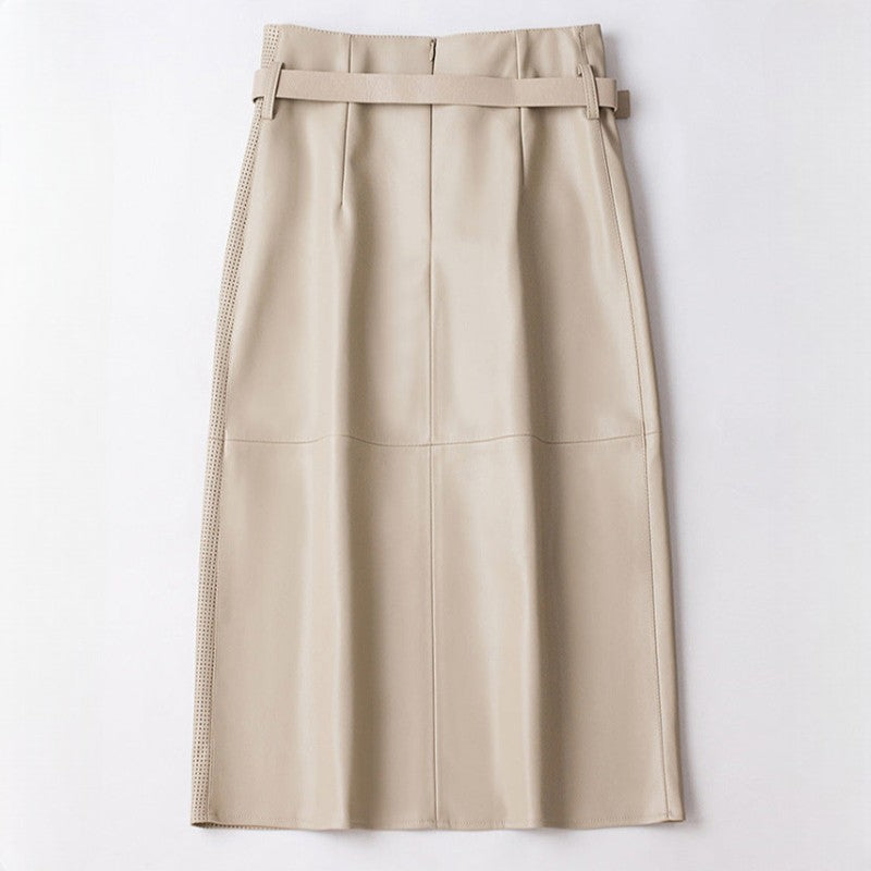 High Waist Paneled Perforated Asymmetric Midi Skirt