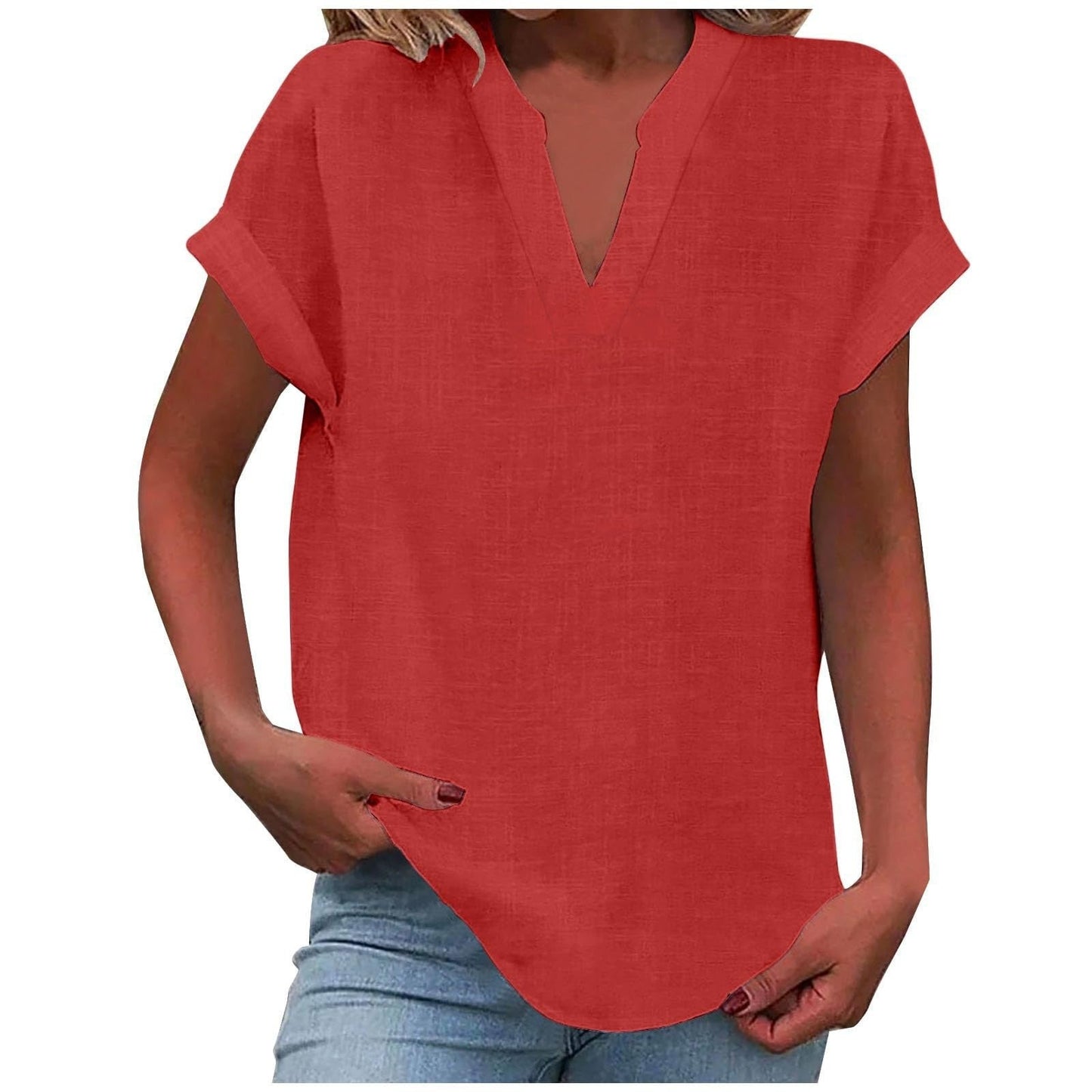 Curved Hem Textured Cap Sleeve V Neck Shirt