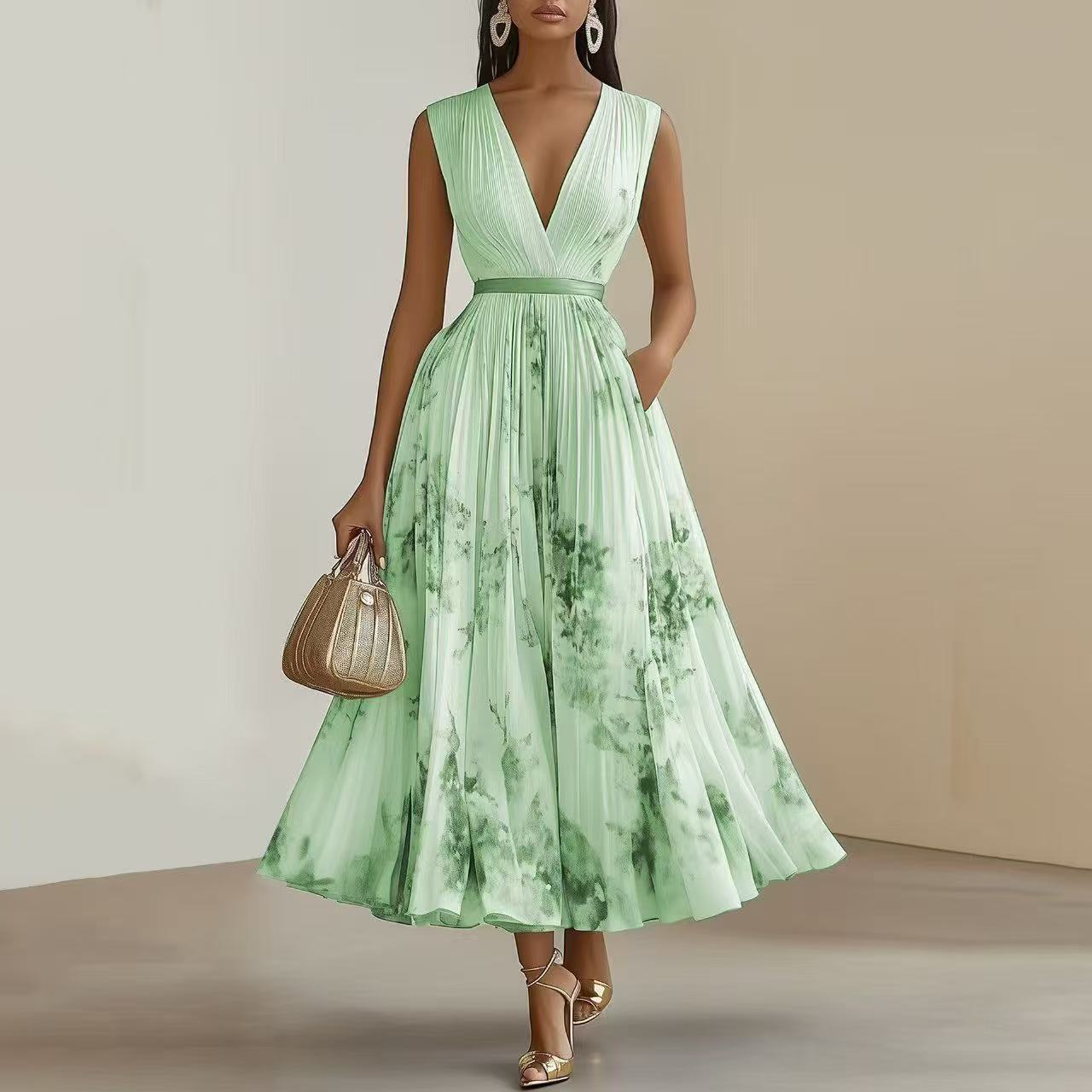 Deep V Neck Pleated Printed Dress
