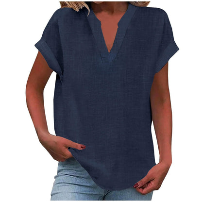 Curved Hem Textured Cap Sleeve V Neck Shirt