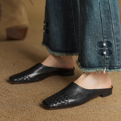 Square Toe Slip On Low Heel Mule Sandals