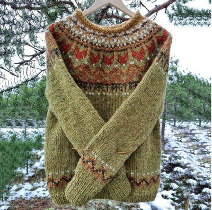 Patterned Yoked Ribbed Cuffed Round Long Sweater