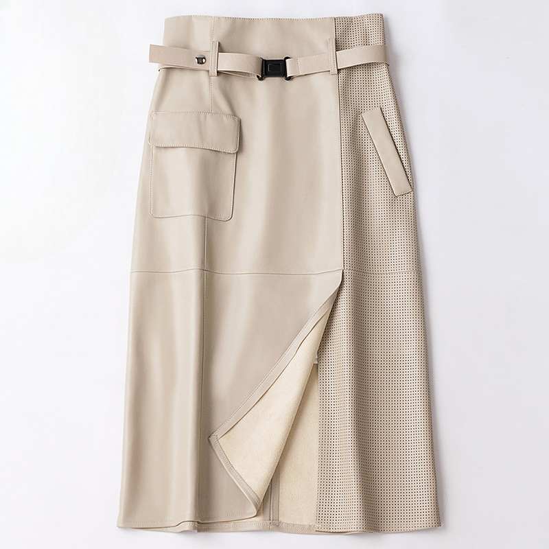 High Waist Paneled Perforated Asymmetric Midi Skirt